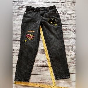 Black Faded Denim Jeans With Patches
